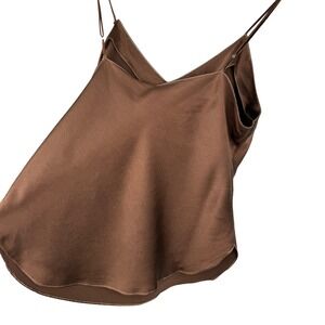 Lasoie Silk Cami Tank Top Women Large Brown V-Neck Adjustable Spaghetti Strap